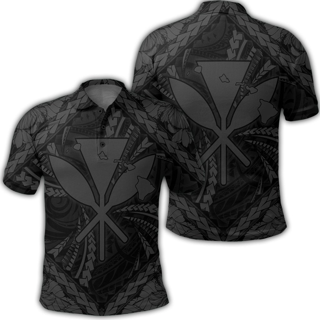 Hawaiian Map Kanaka Hibiscus Gray Polynesian Polo Shirt - AH