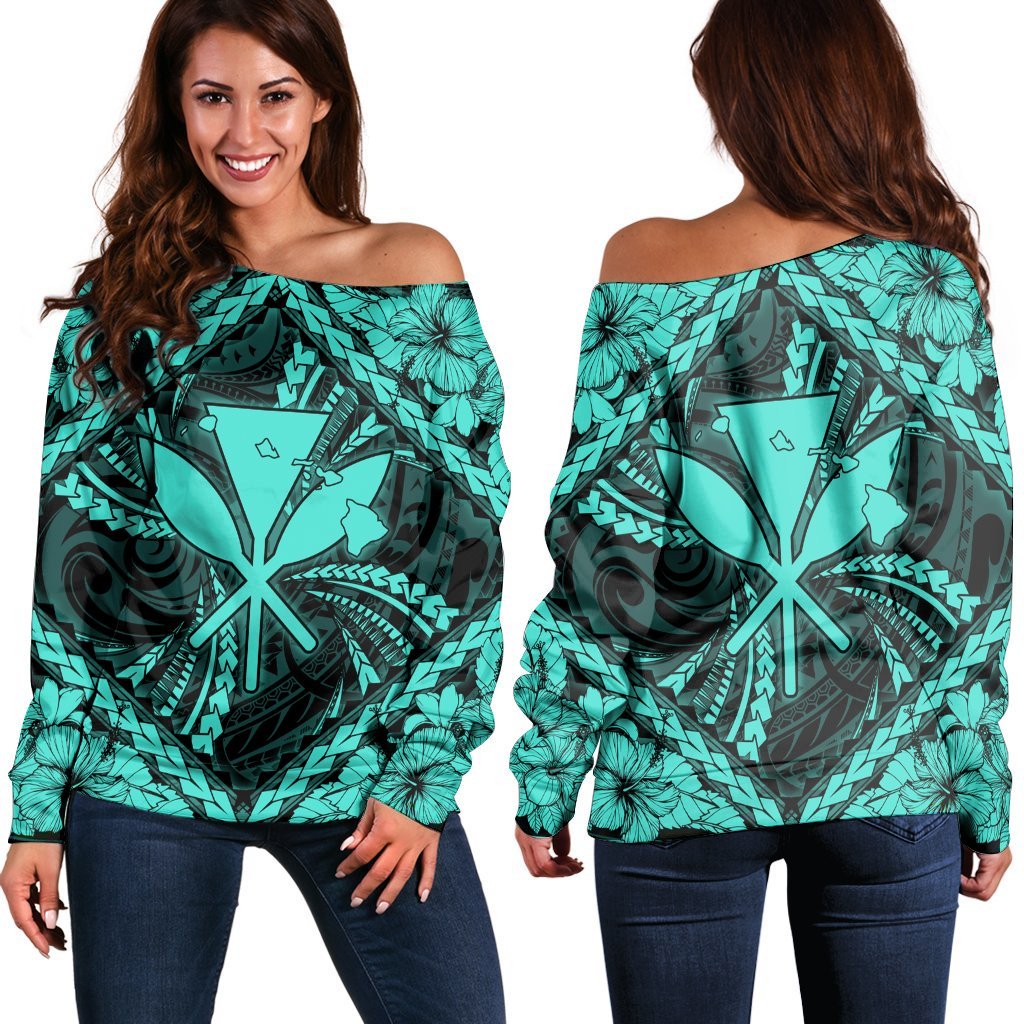 Hawaiian Map Kanaka Hibiscus Turquoise Polynesian Women's Off Shoulder Sweater AH