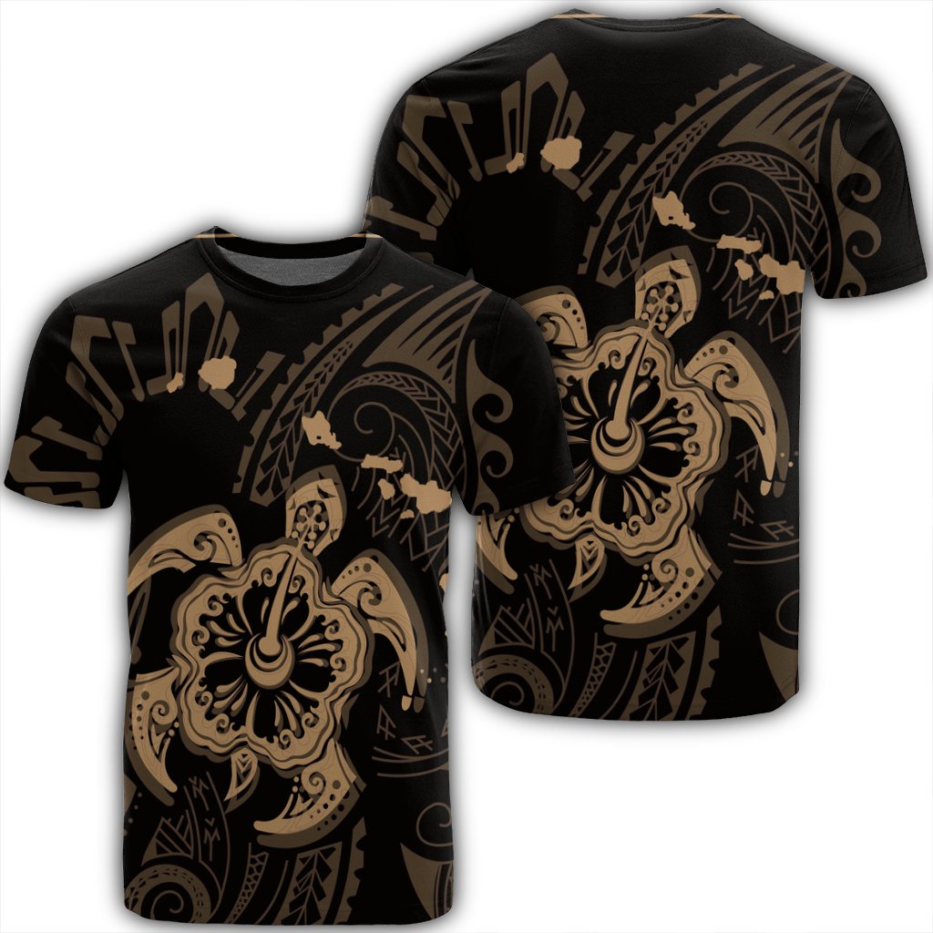 Hawaiian Map Kanaka Hibiscus Turtle Gold Polynesian T Shirt AH