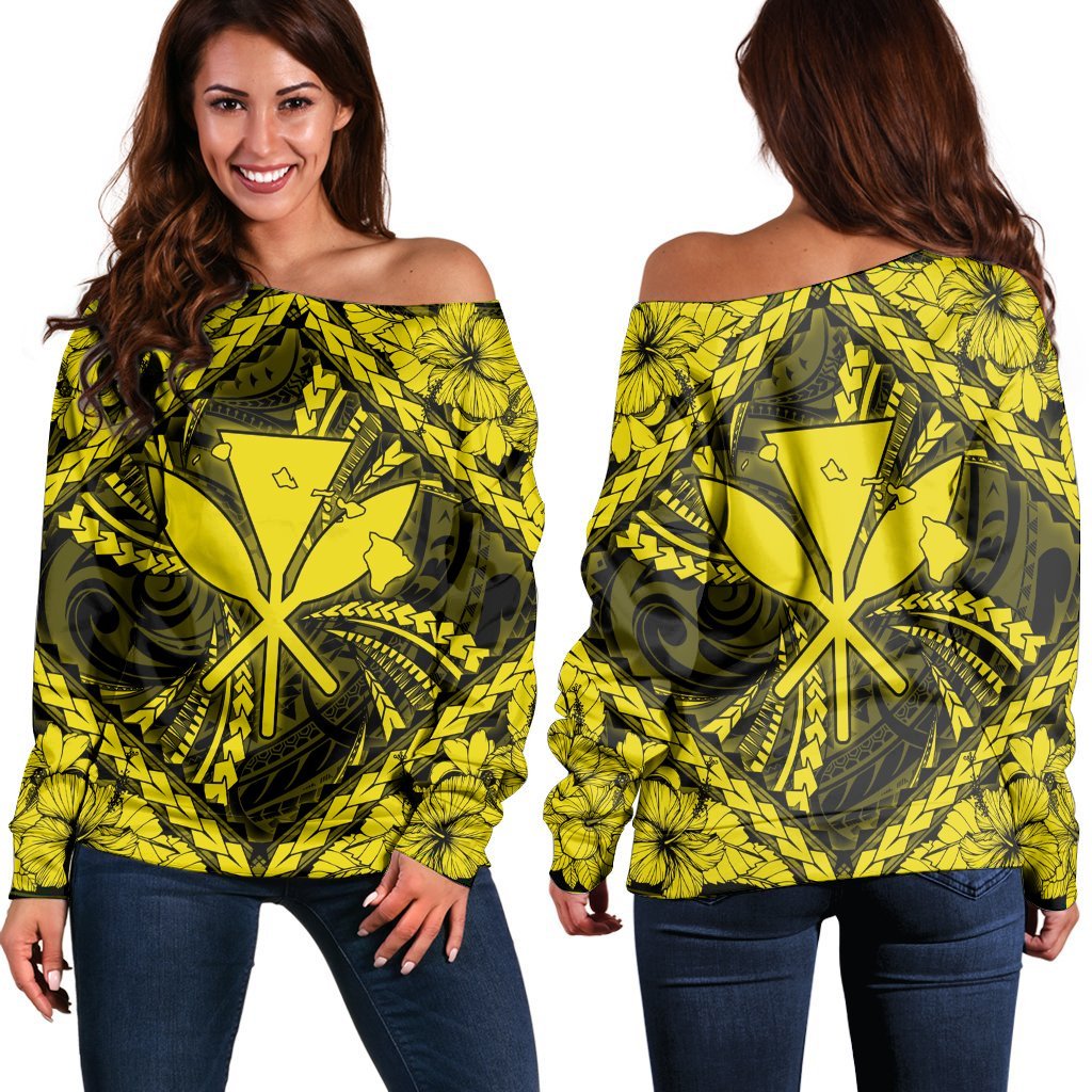 Hawaiian Map Kanaka Hibiscus Yellow Polynesian Women's Off Shoulder Sweater AH