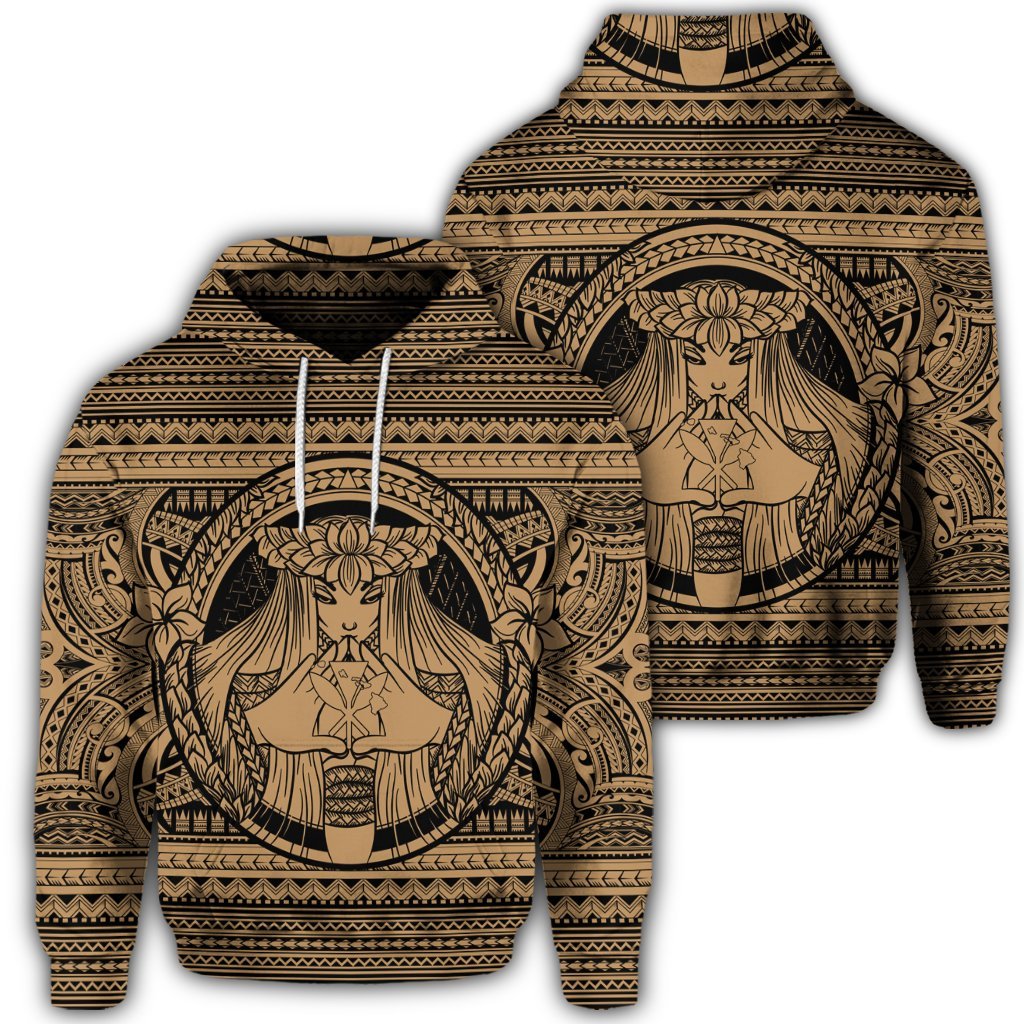 Hawaiian Map Madame Pele Kanaka Plumeria Polynesian Hoodie Gold AH