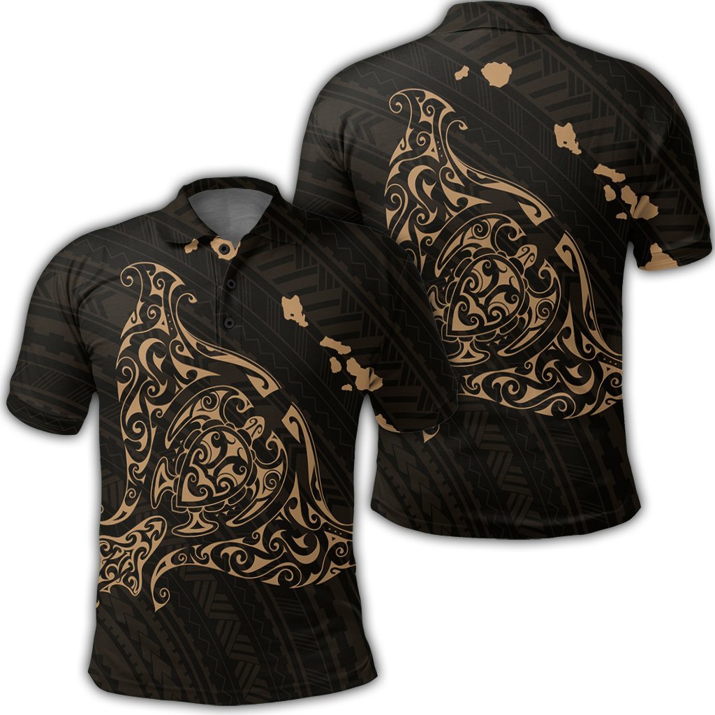 Hawaiian Map Manta Ray Gold Polynesian Polo Shirt - AH