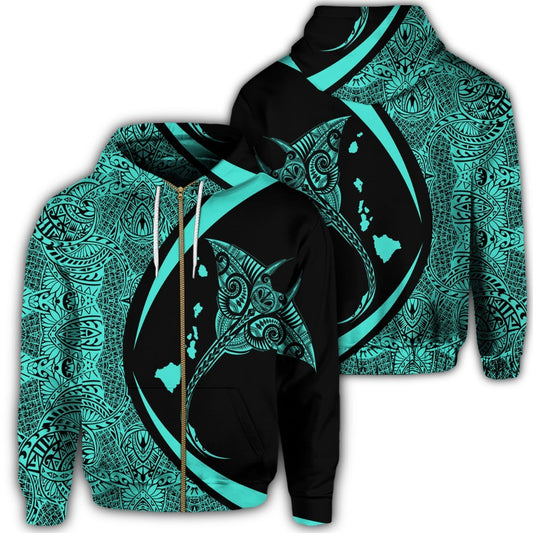 Hawaiian Map Manta Ray Polynesian Zip Hoodie Turquoise Circle Style