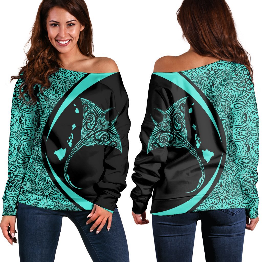 Hawaiian Map Manta Ray Polynesian Women's Off Shoulder Sweater Turquoise Circle Style AH