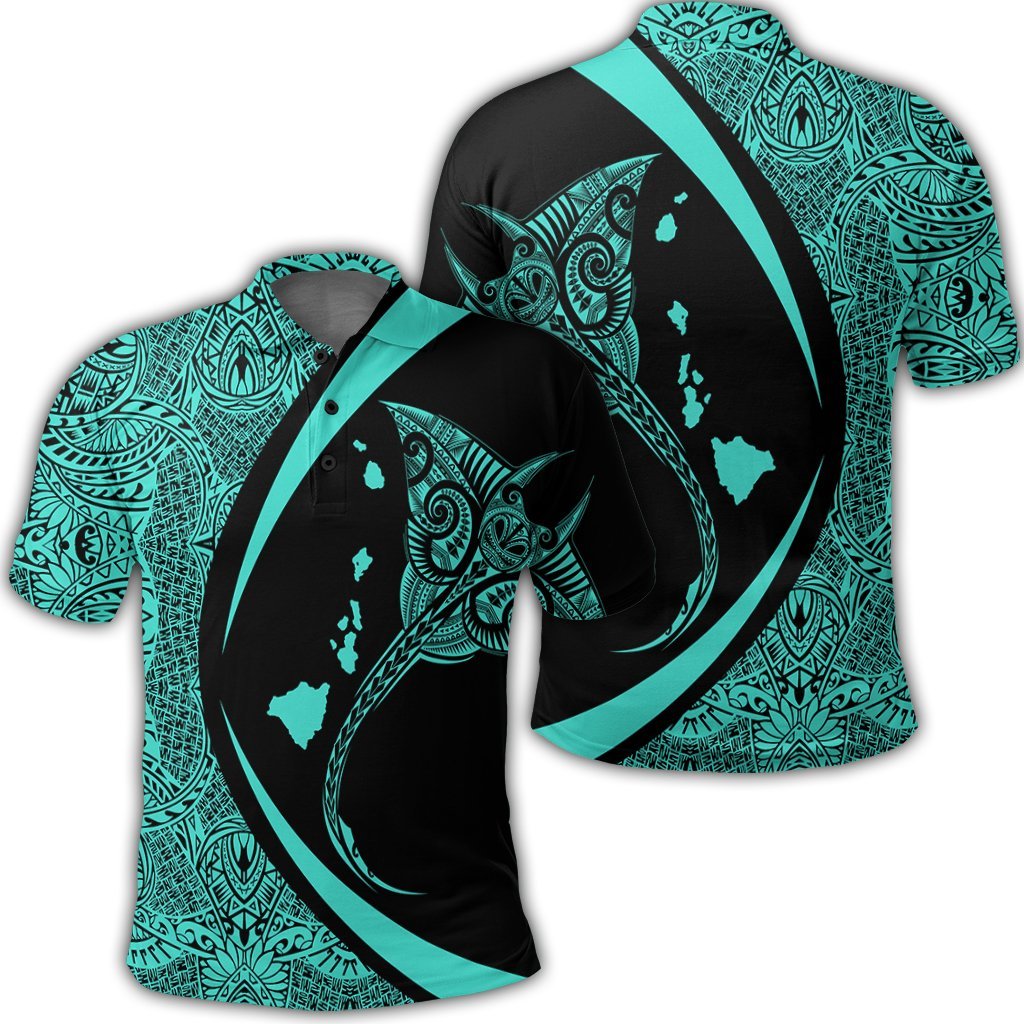 Hawaiian Map Manta Ray Polynesian Polo Shirt - Turquoise - Circle Style - AH