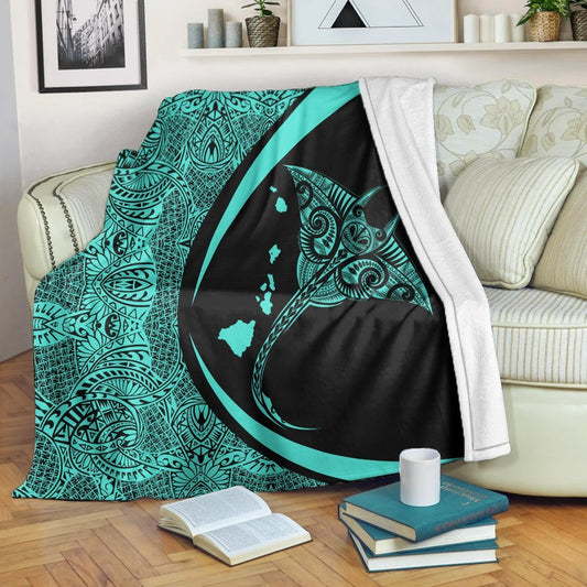 Hawaiian Map Manta Ray Polynesian Premium Blankets Turquoise Circle Style AH