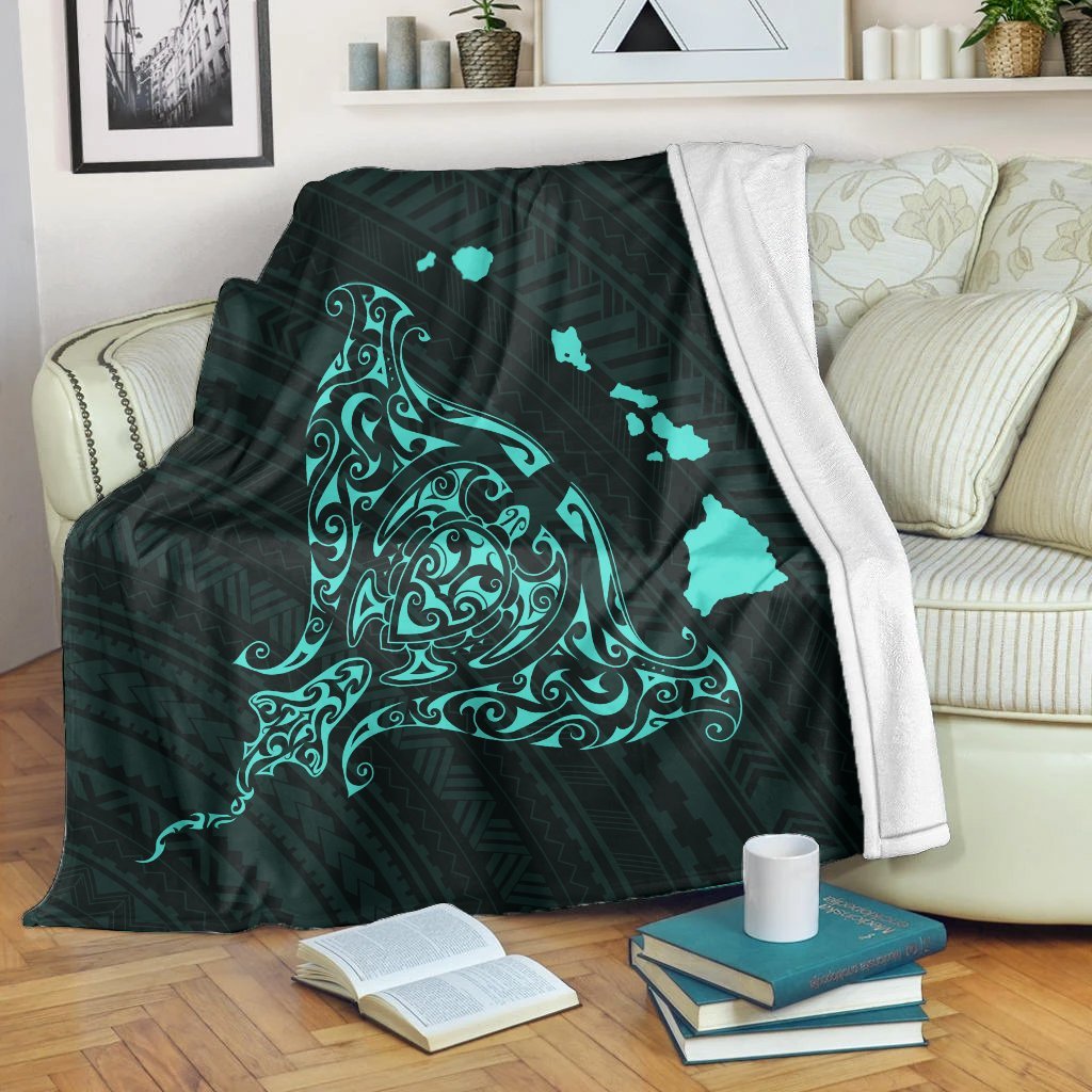 Hawaiian Map Manta Ray Turquoise Polynesian Premium Blankets AH