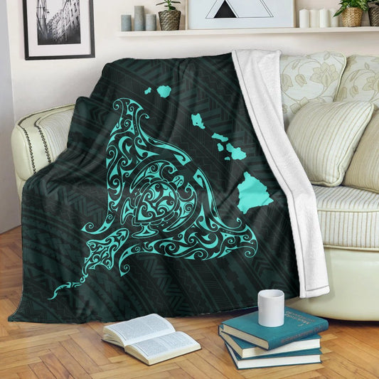 Hawaiian Map Manta Ray Turquoise Polynesian Premium Blankets AH
