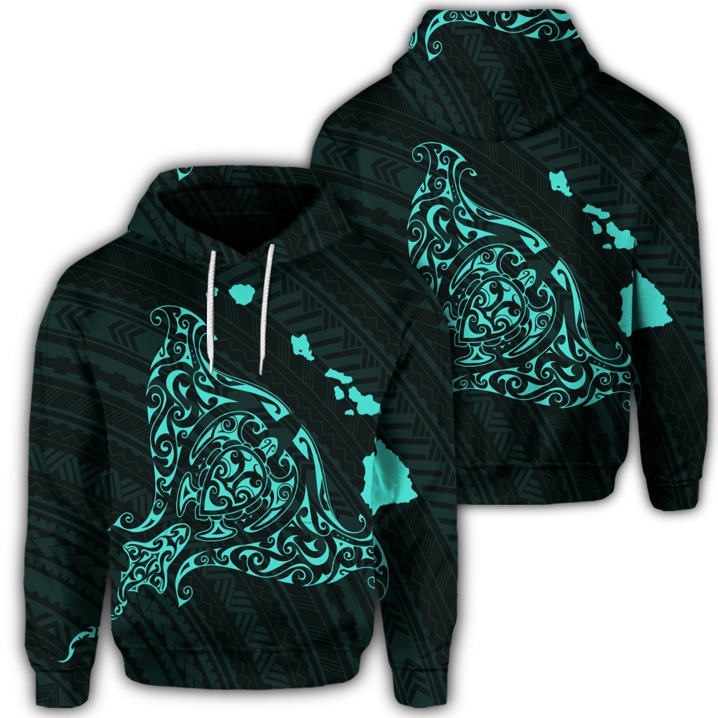 Hawaiian Map Manta Ray Turquoise Polynesian Hoodie