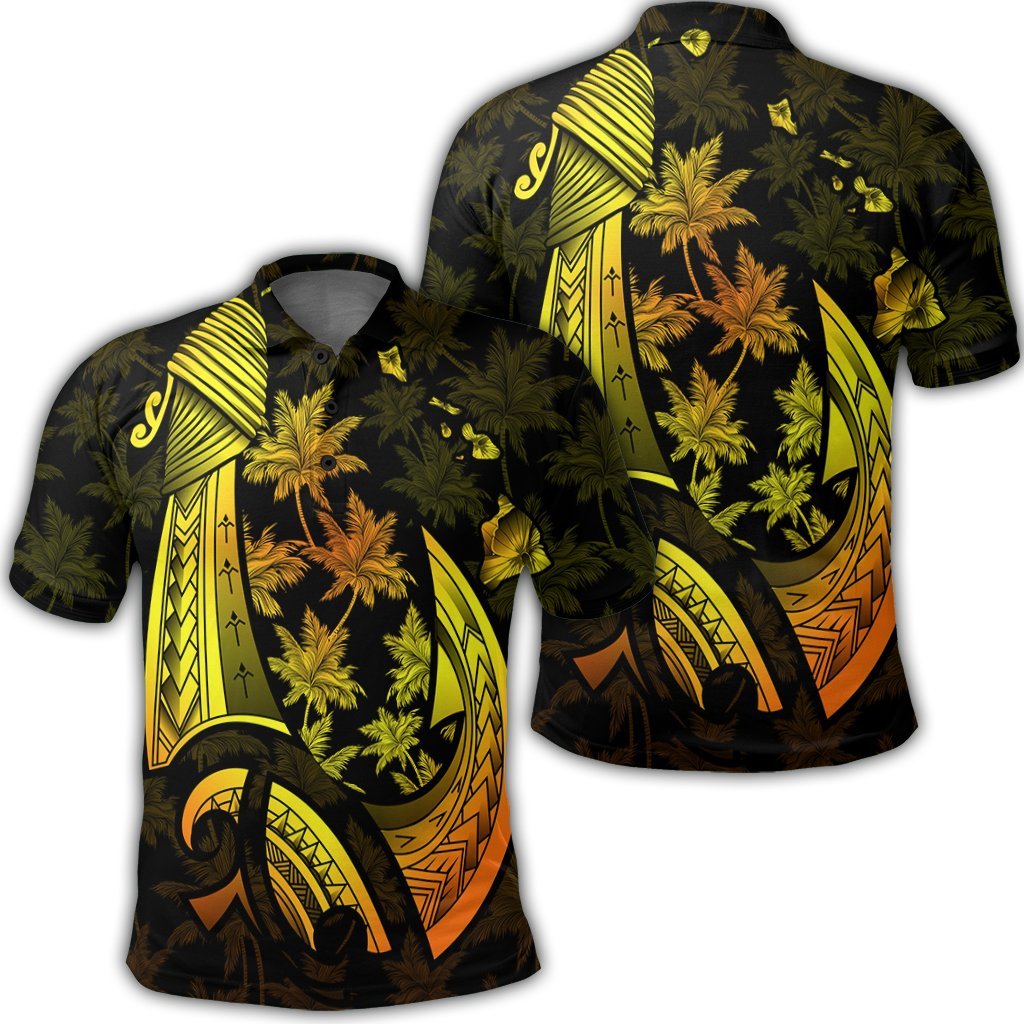 Hawaiian Map Palm Trees Fish Hook Polynesian Polo Shirt Colorful Yellow - AH