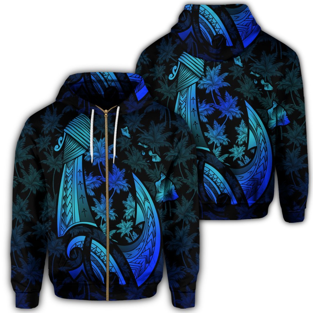 Hawaiian Map Palm Trees Fish Hook Polynesian Quilt Zip Hoodie Colorful Blue