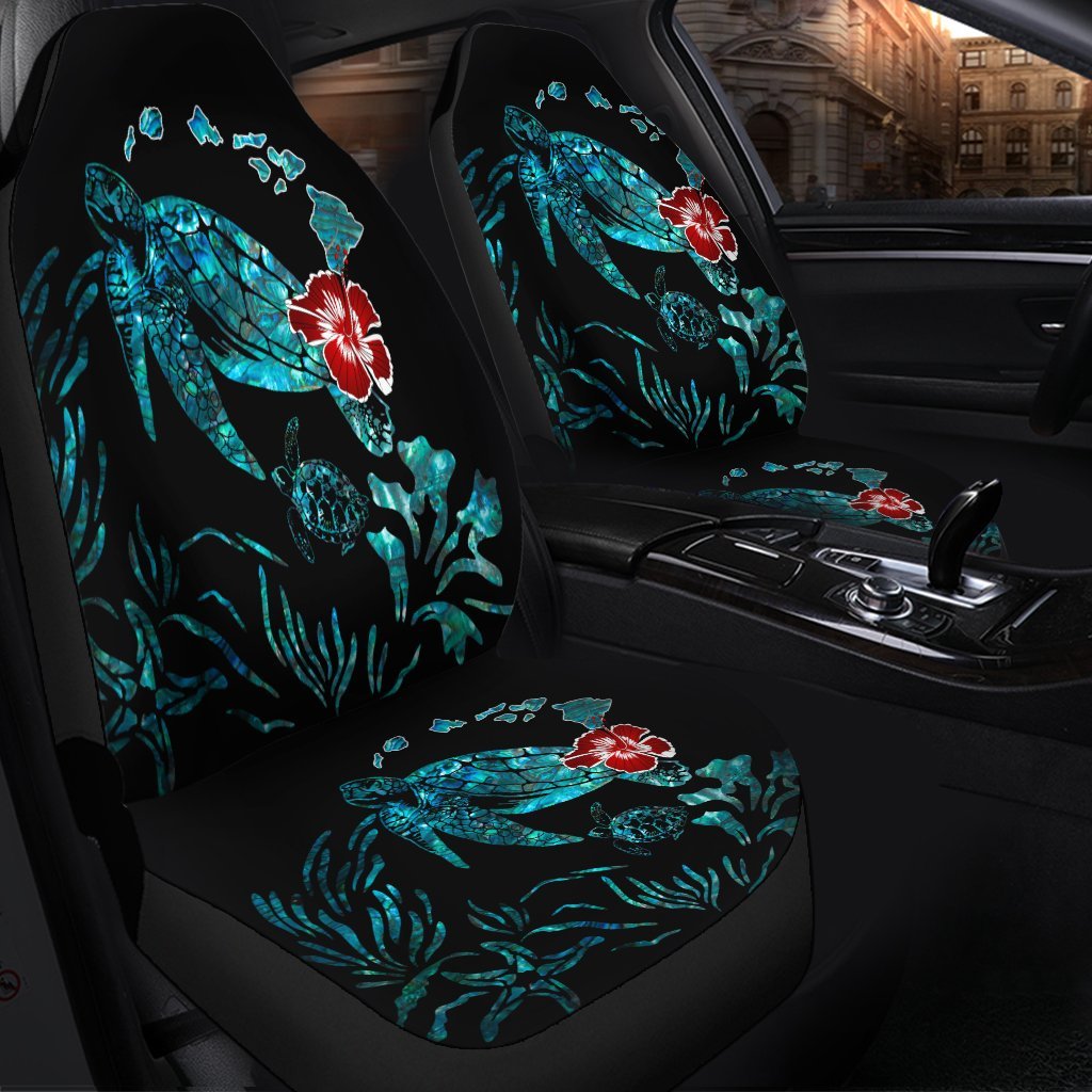 Hawaiian Map Turtle Hibiscus Ohana Honu Paua Shell Car Seat Covers AH