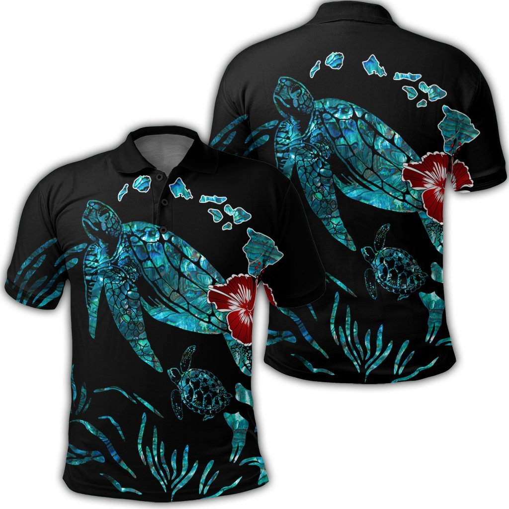 Hawaiian Map Turtle Hibiscus Ohana Honu Paua Shell Polo Shirt - AH