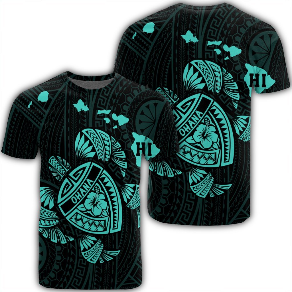 Hawaiian Map Turtle Ohana Hibicus Polynesian T Shirt Turquoise AH