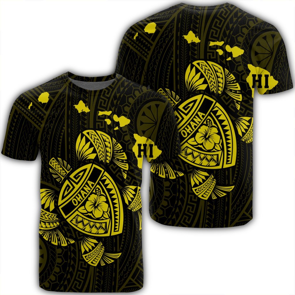 Hawaiian Map Turtle Ohana Hibicus Polynesian T Shirt Yellow AH