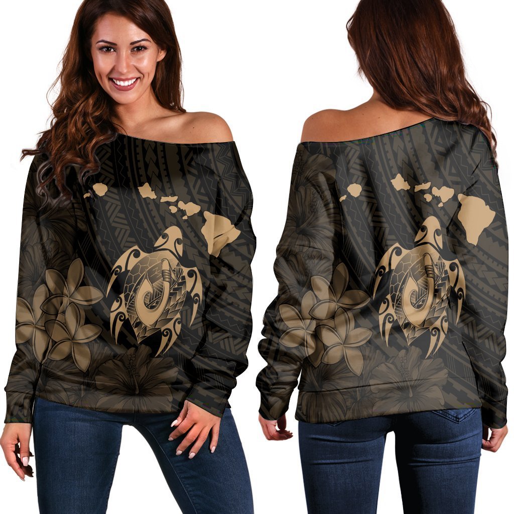 Hawaiian Map Turtle Plumeria Hibiscus Fish Hook Polynesian Women's Off Shoulder Sweater Gold AH