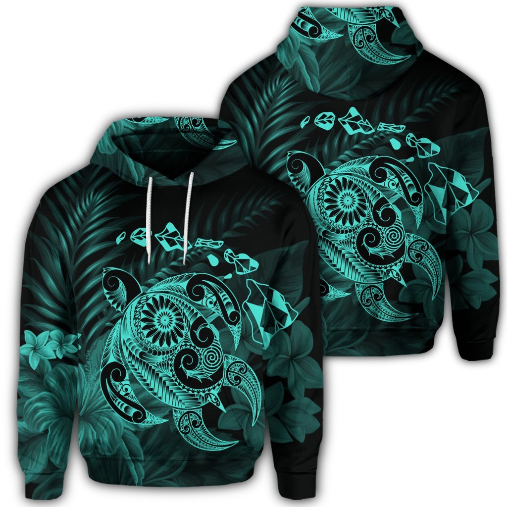 Hawaiian Map Turtle Tattoo Hibiscus Plumeria Polynesian Hoodie Turquoise AH