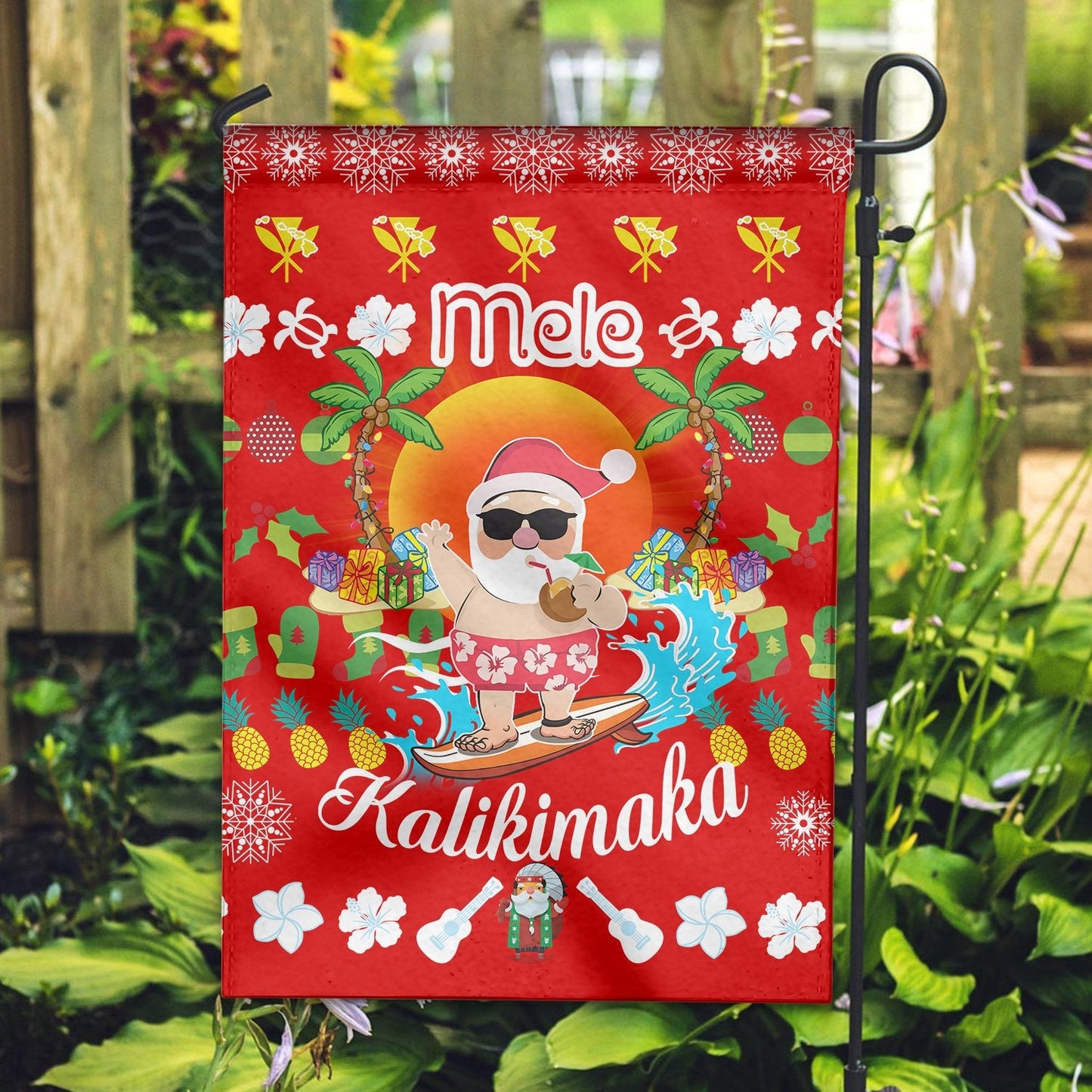 Hawaiian Mele Kalikimaka Santa Claus Pattern Christmas Garden Flag Red Labo Style AH