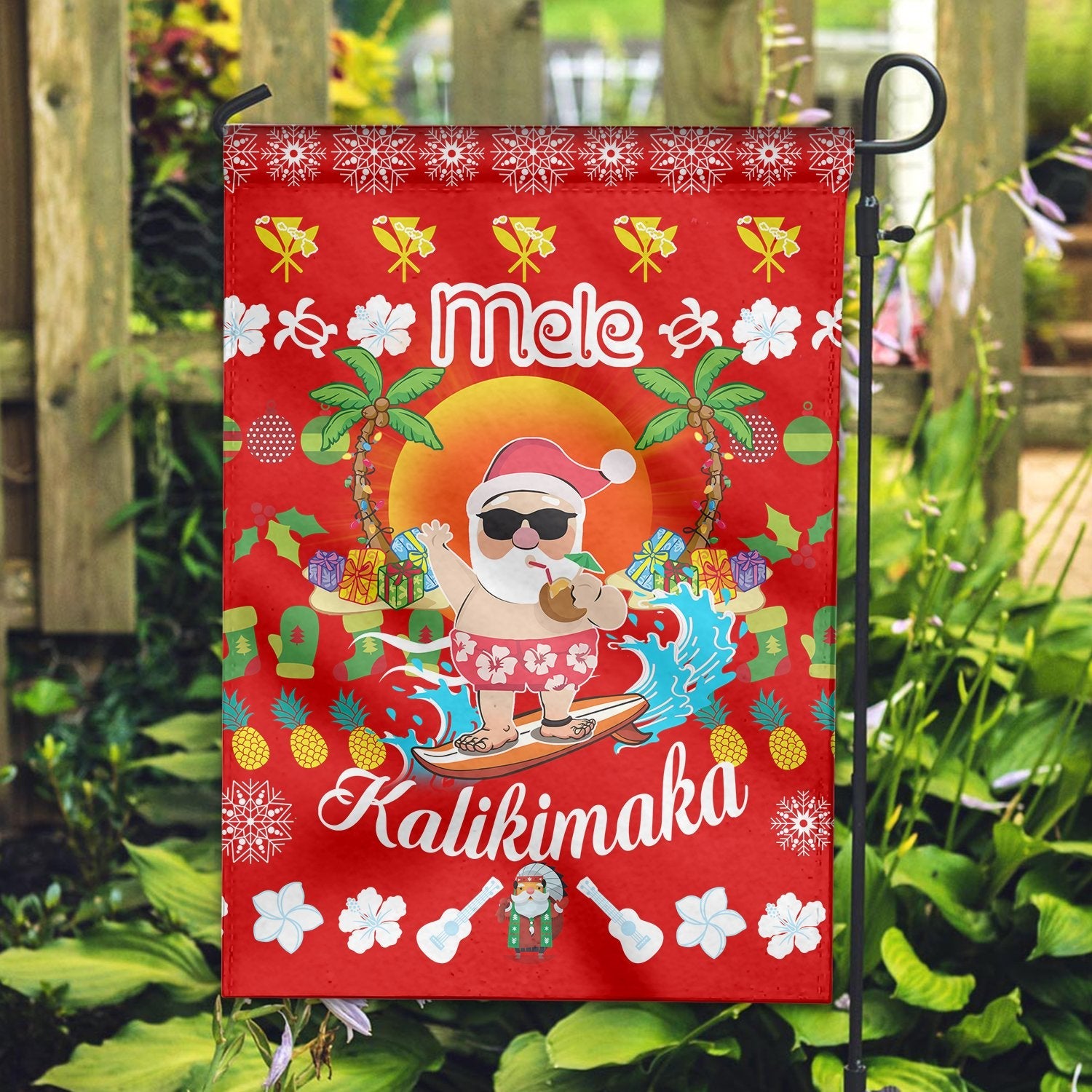 Hawaiian Mele Kalikimaka Santa Claus Pattern Christmas Garden Flag Red Labo Style AH