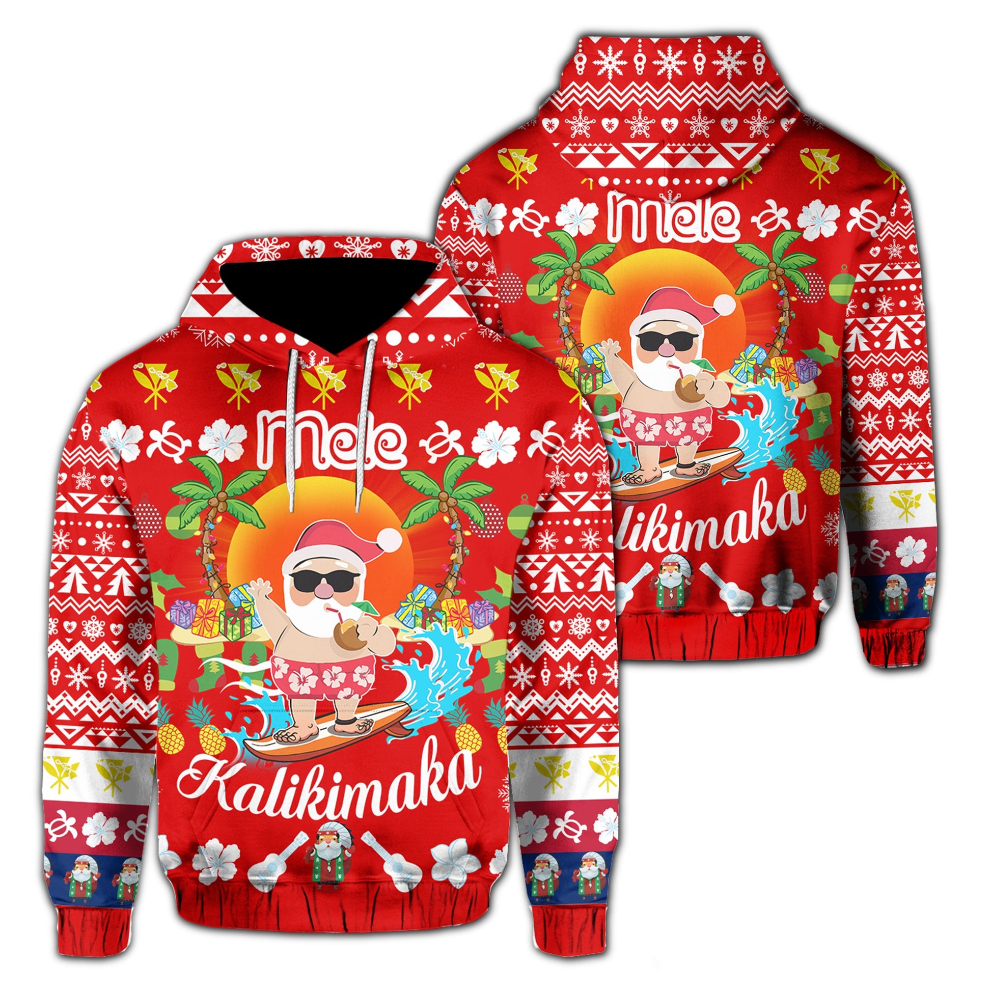 Hawaiian Mele Kalikimaka Santa Claus Pattern Christmas Hoodie Red Labo Style AH