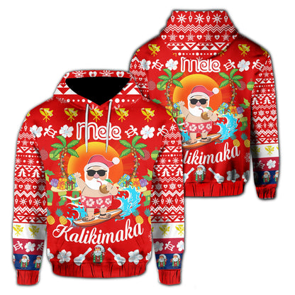 Hawaiian Mele Kalikimaka Santa Claus Pattern Christmas Hoodie Red Labo Style AH