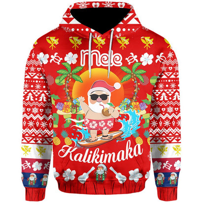 Hawaiian Mele Kalikimaka Santa Claus Pattern Christmas Hoodie Red Labo Style AH
