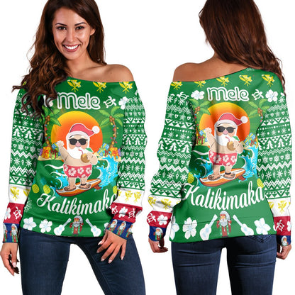 Hawaiian Mele Kalikimaka Santa Claus Pattern Christmas Women's Off Shoulder Sweater Green Labo Style AH