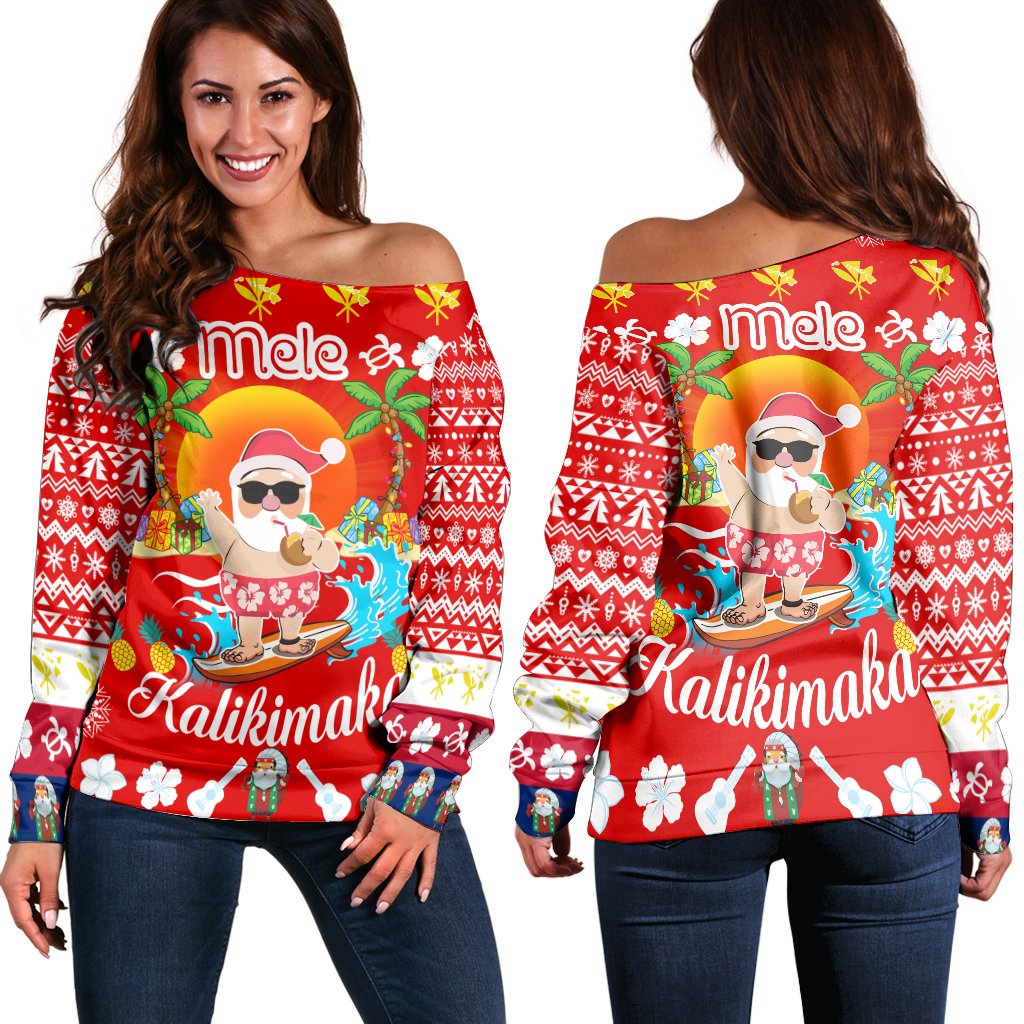 Hawaiian Mele Kalikimaka Santa Claus Pattern Christmas Women's Off Shoulder Sweater Red Labo Style AH