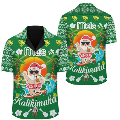 Hawaii Mele Kalikimaka Santa Claus Pattern Christmas Hawaiian Shirt - Green - Labo Style - AH