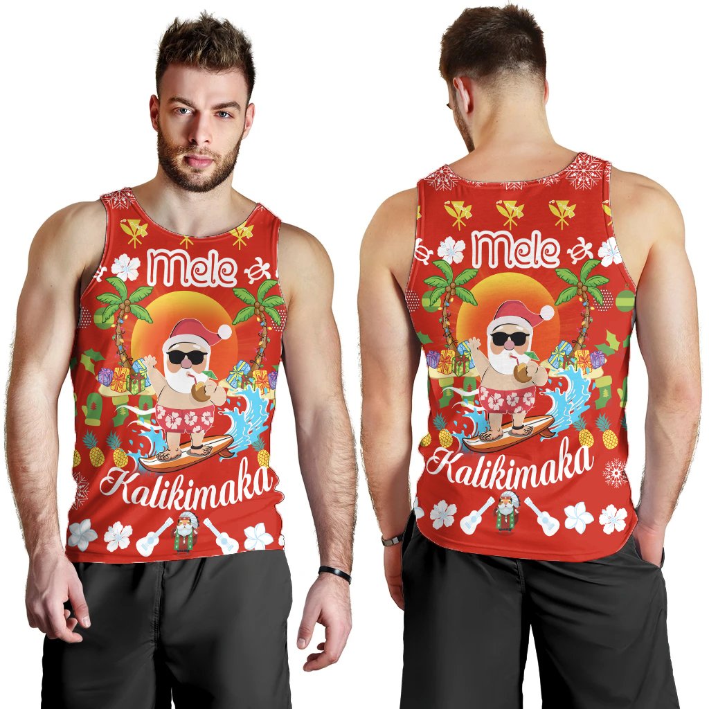 Hawaiian Mele Kalikimaka Santa Claus Pattern Christmas Men's Tank Top Red Labo Style AH