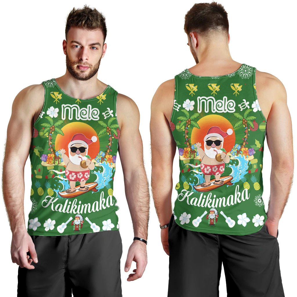 Hawaiian Mele Kalikimaka Santa Claus Pattern Christmas Men's Tank Top Green Labo Style AH