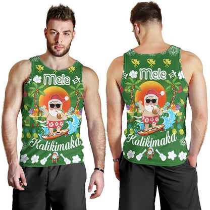 Hawaiian Mele Kalikimaka Santa Claus Pattern Christmas Men's Tank Top Green Labo Style AH