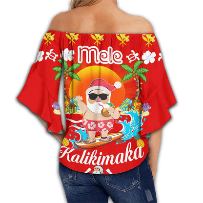 Hawaiian Mele Kalikimaka Santa Claus Pattern Christmas Women's Off Shoulder Wrap Waist Top - Red - Labo Style - AH