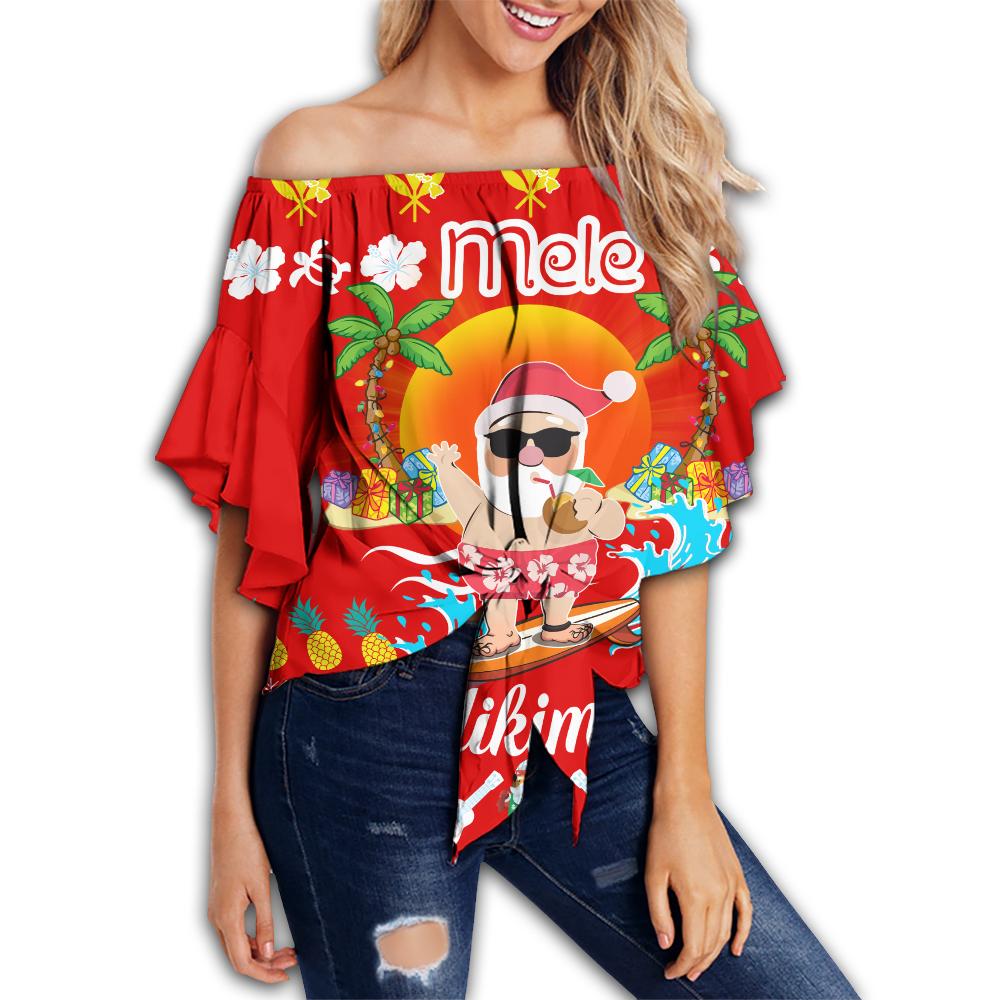 Hawaiian Mele Kalikimaka Santa Claus Pattern Christmas Women's Off Shoulder Wrap Waist Top - Red - Labo Style - AH