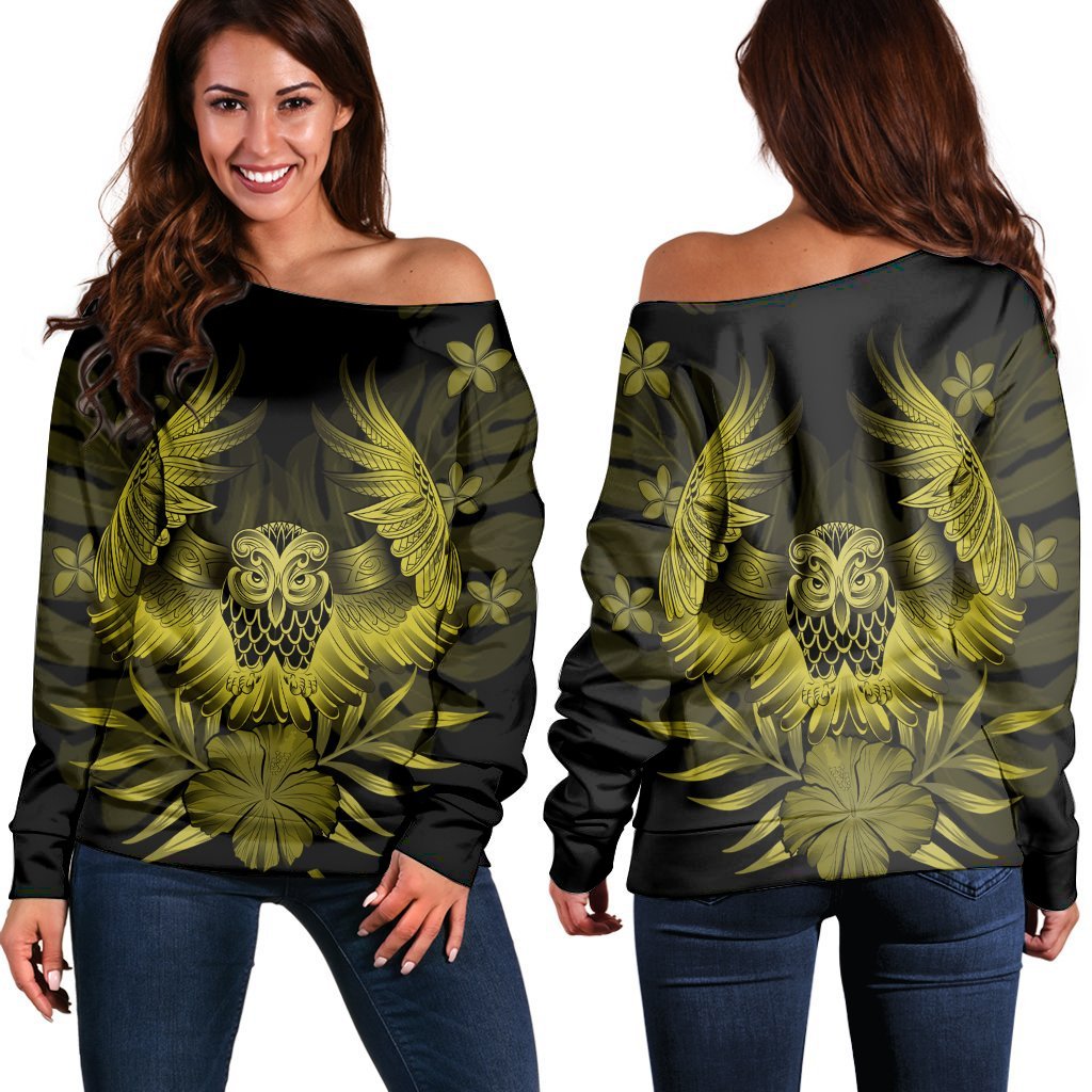 Hawaiian Owl Hibiscus Plumeria Polynesian Women's Off Shoulder Sweater Yellow AH