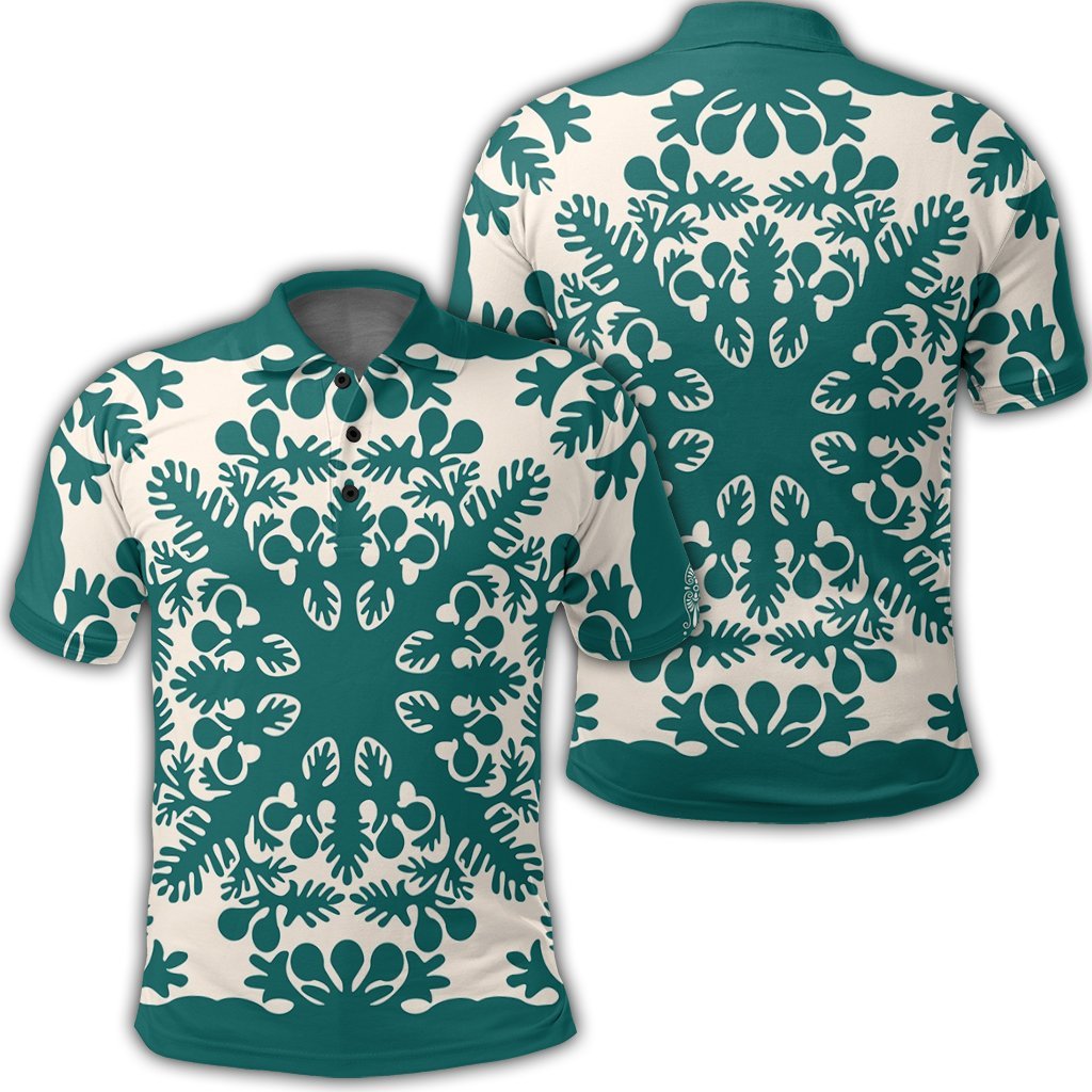 Hawaiian Palm Tree Quilt Tradition Turquoise Polo Shirt - AH