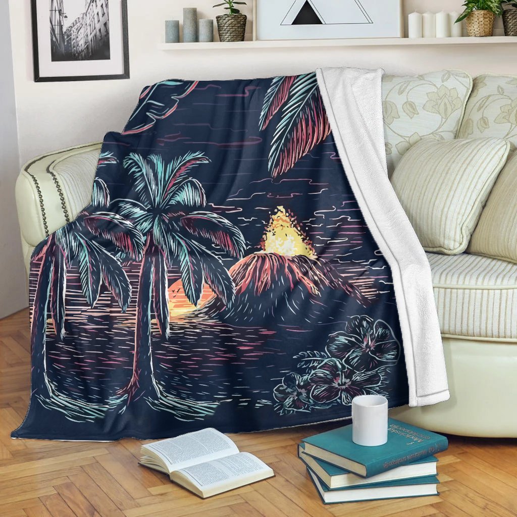 Hawaiian Palm Tree Volcano Night On The Land Premium Blankets AH