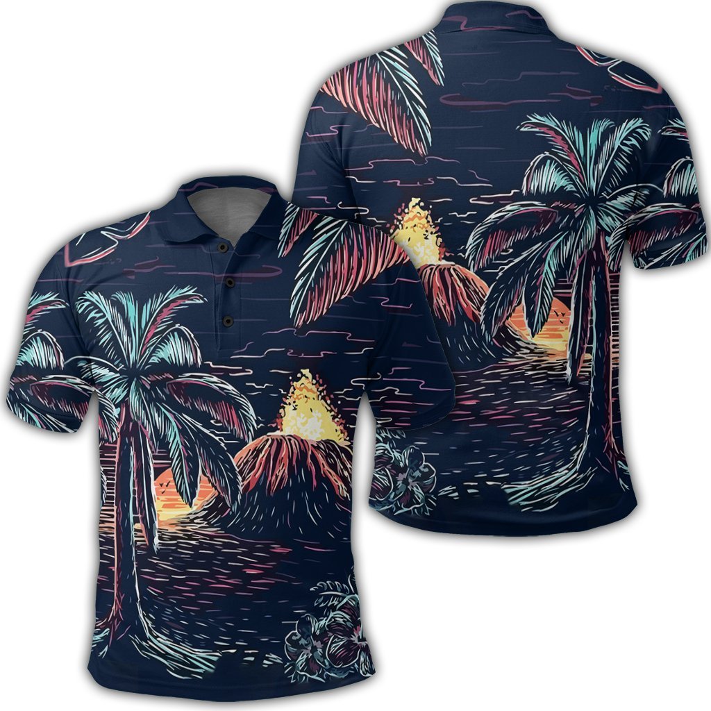 Hawaiian Palm Tree Volcano Night On The Land Polo Shirt - AH