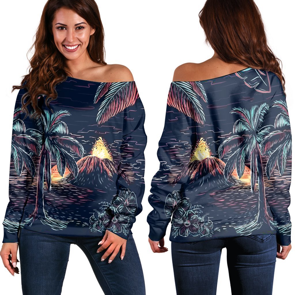 Hawaiian Palm Tree Volcano Night On The Land Women's Off Shoulder Sweater AH