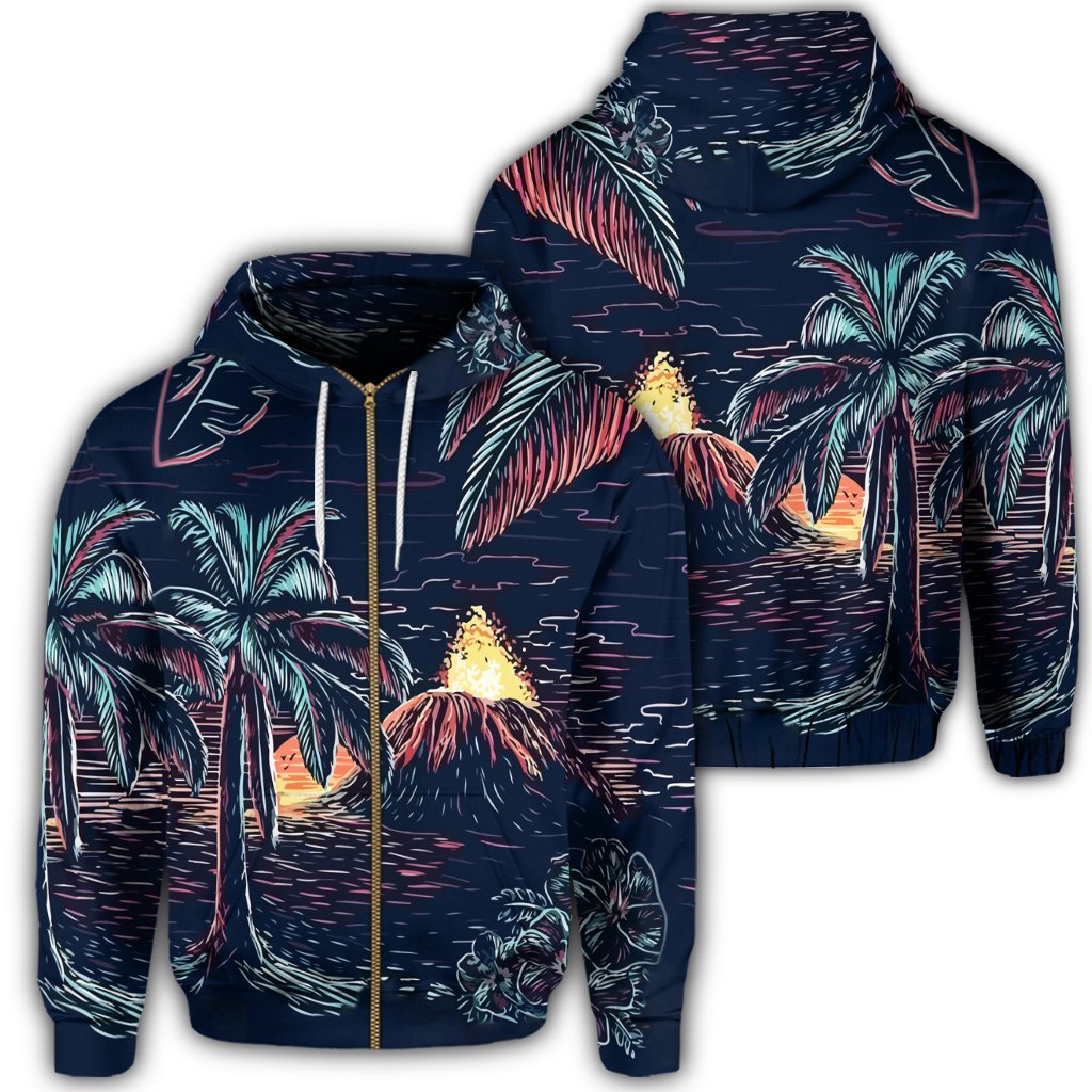 Hawaiian Palm Tree Volcano Night On The Land Zip Hoodie