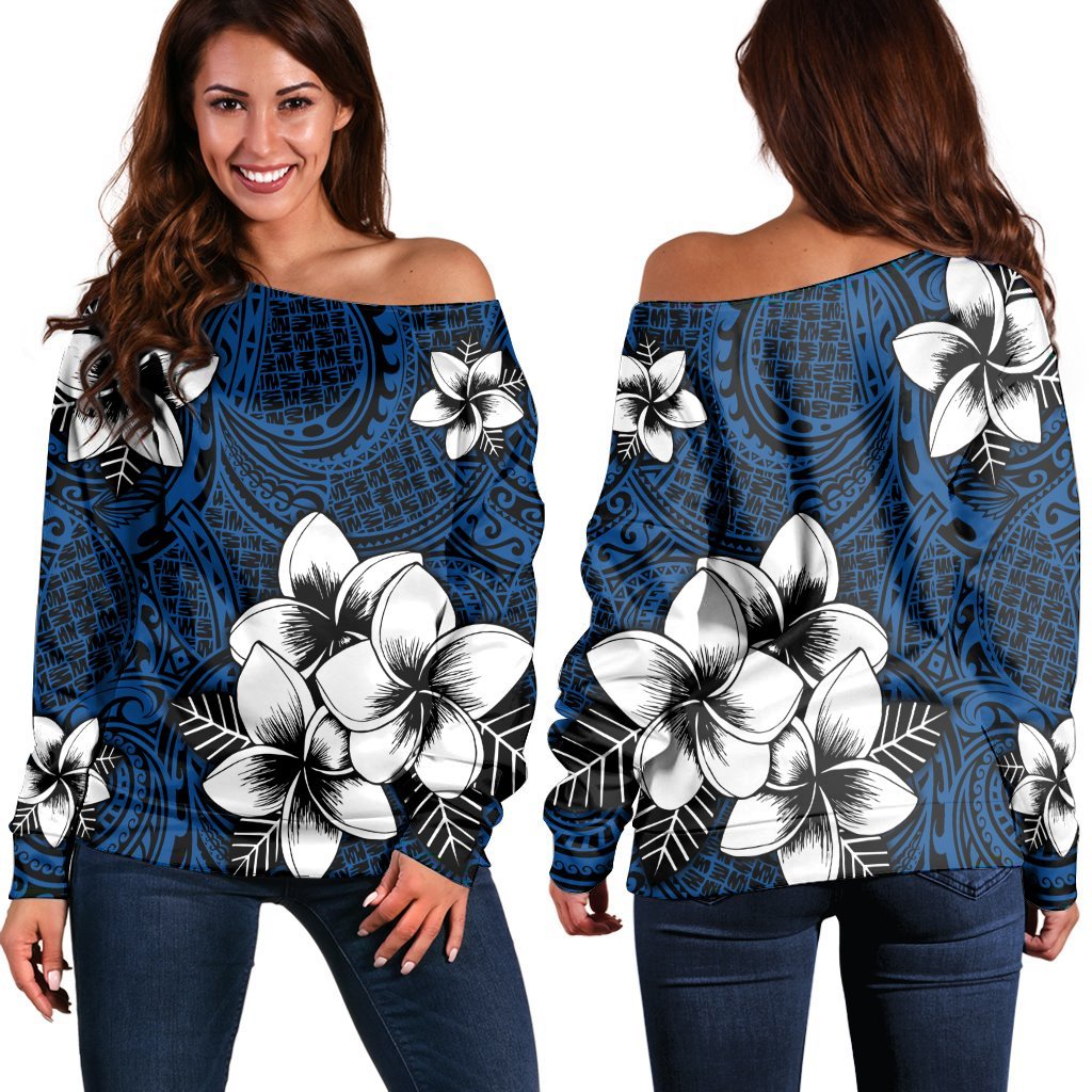 Hawaiian Plumeria Tribal Polynesian Women's Off Shoulder Sweater Blue AH