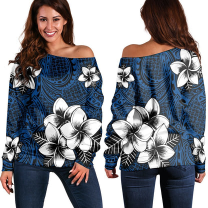 Hawaiian Plumeria Tribal Polynesian Women's Off Shoulder Sweater Blue AH