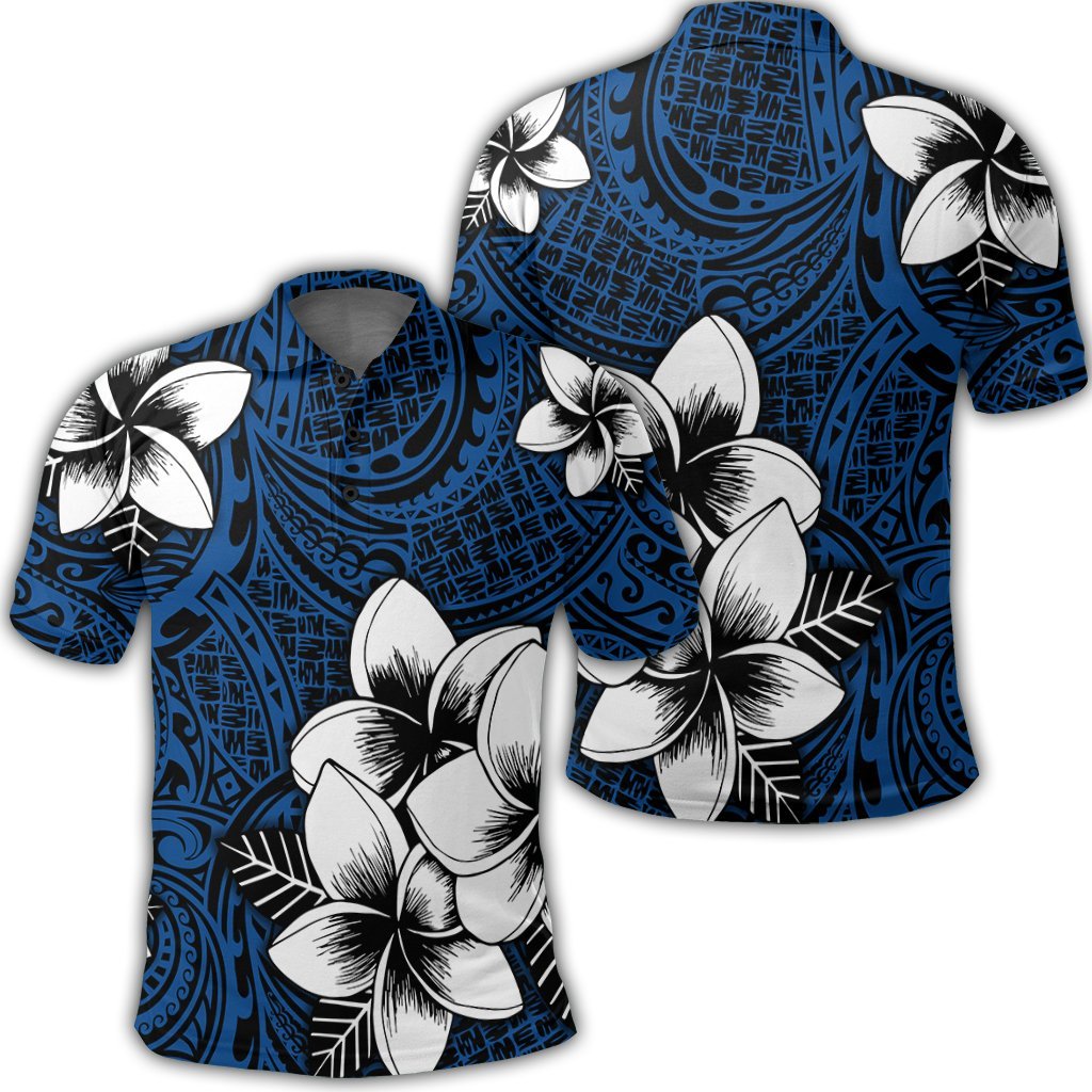 Hawaiian Plumeria Tribal Polynesian Polo Shirt Blue AH