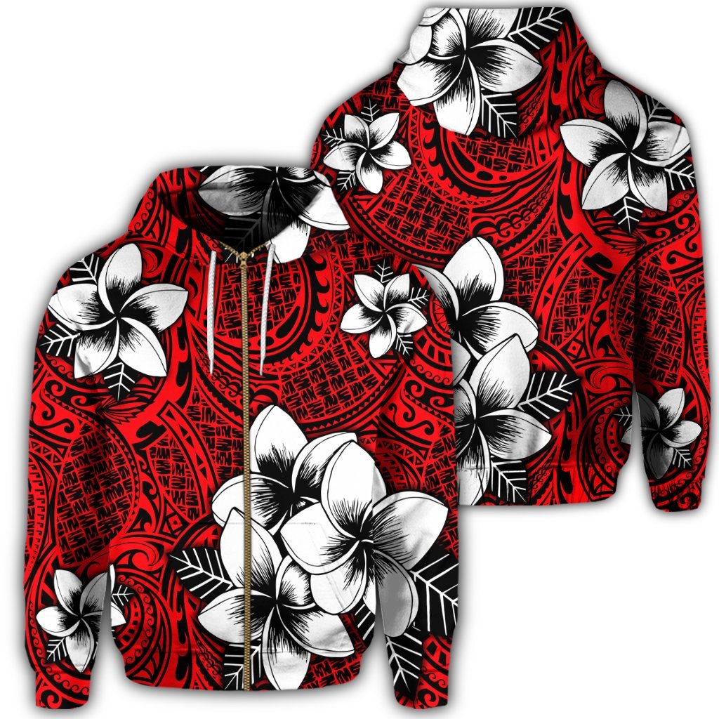 Hawaiian Plumeria Tribal Polynesian Zip Hoodie Red AH