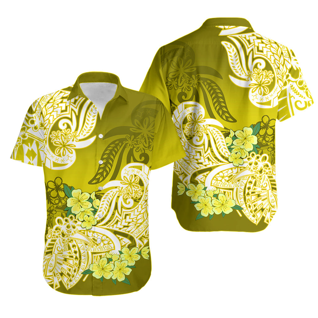 Polynesian Matching Outfit For Couples Floral Tribal Yellow Style Bodycon Dress And Hawaii Shirt