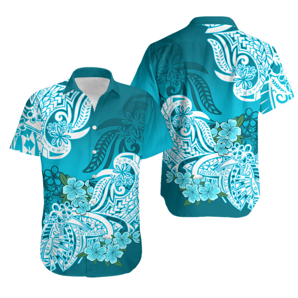 Polynesian Matching Outfit For Couples Floral Tribal Teal Style Bodycon Dress And Hawaii Shirt
