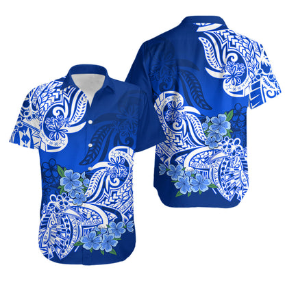 Polynesian Matching Outfit For Couples Floral Tribal Blue Style Bodycon Dress And Hawaii Shirt
