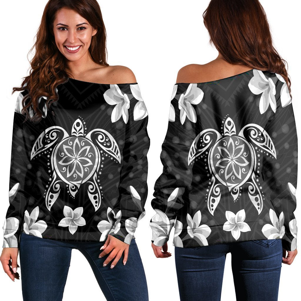 Hawaiian Silver Turtle Plumeria Women's Off Shoulder Sweater AH