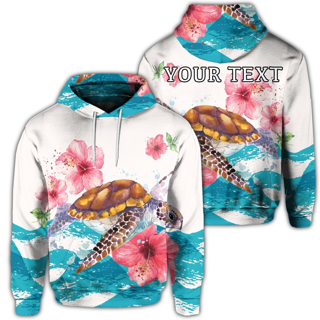 Personalised Hawaiian Turtle Hibiscus Waves Polynesian Hoodie AH