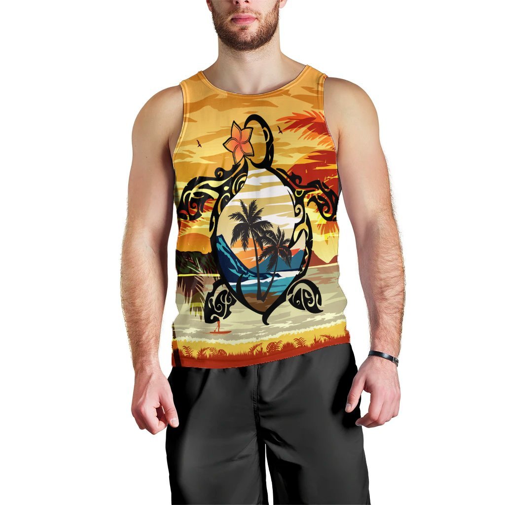 Hawaiian Turtle Plumeria Coconut Tree Polynesian Tank Top Gold AH